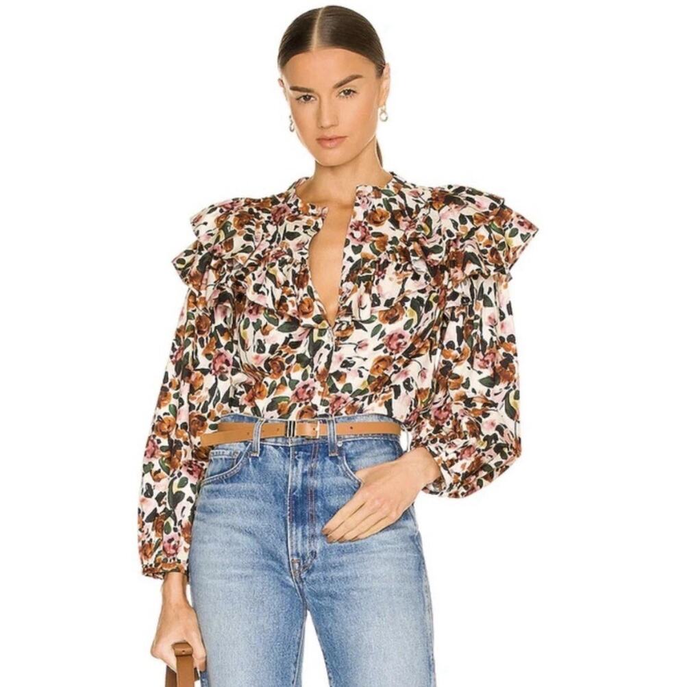 Something Navy Floral Ruffle Blouse in Cream XS NWT